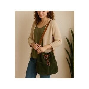 Olive Green Drawstring Bucket Bag with Tan Strap